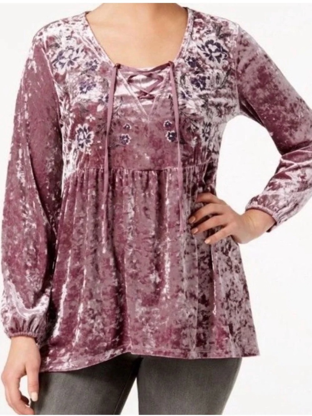 Style & Co. Mauve Velvet Lace-Up Peasant Blouse